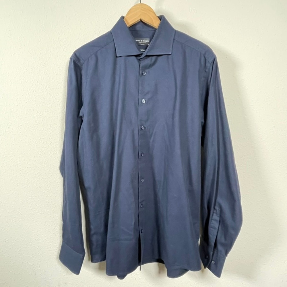 Bruun & Stengade Dress Shirt Mens 17 43 Blue‎ Modern Fit Easy Care Cotton Top